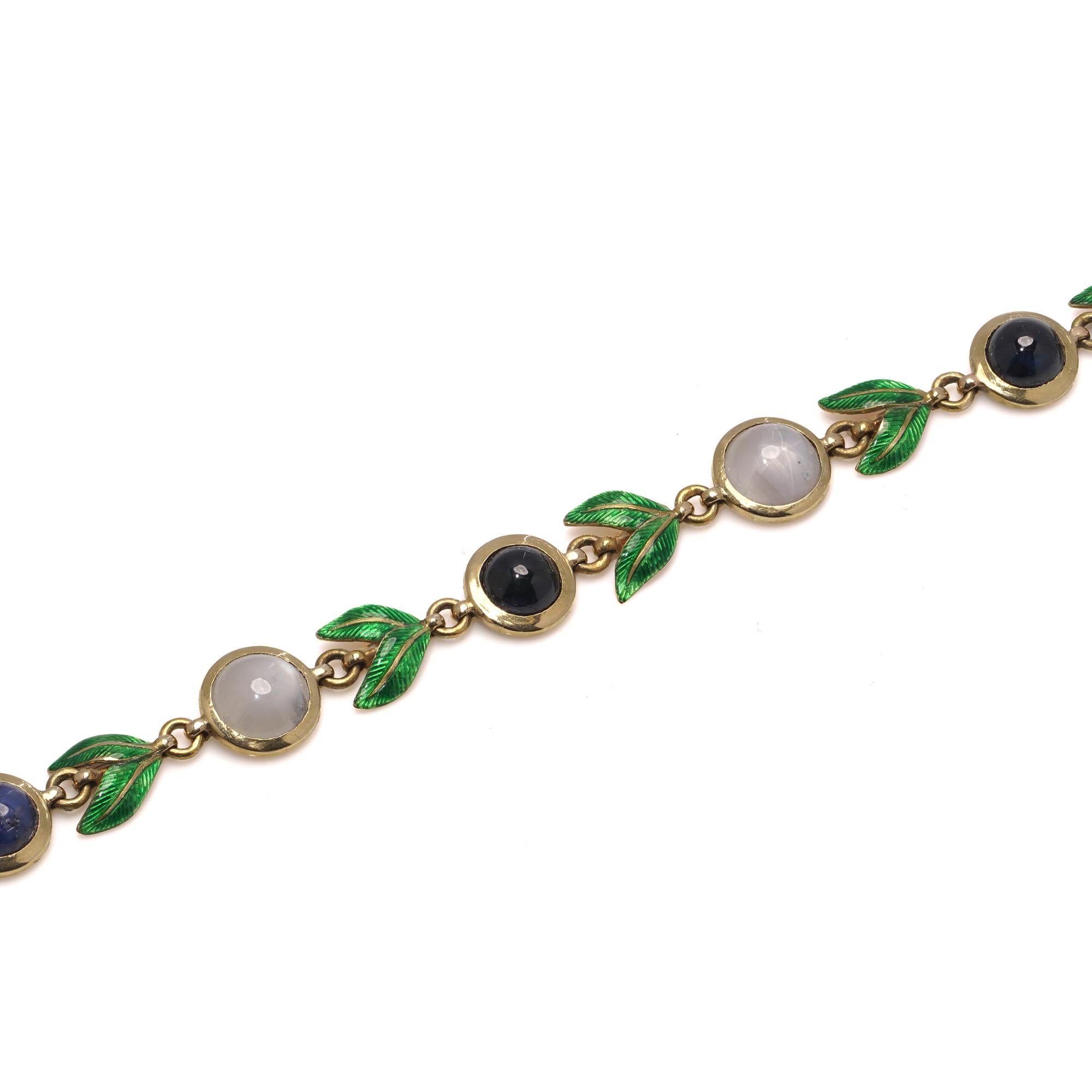 Women's Giuliano 18kt gold bracelet with enamel, cabochon sapphires and moonstones For Sale