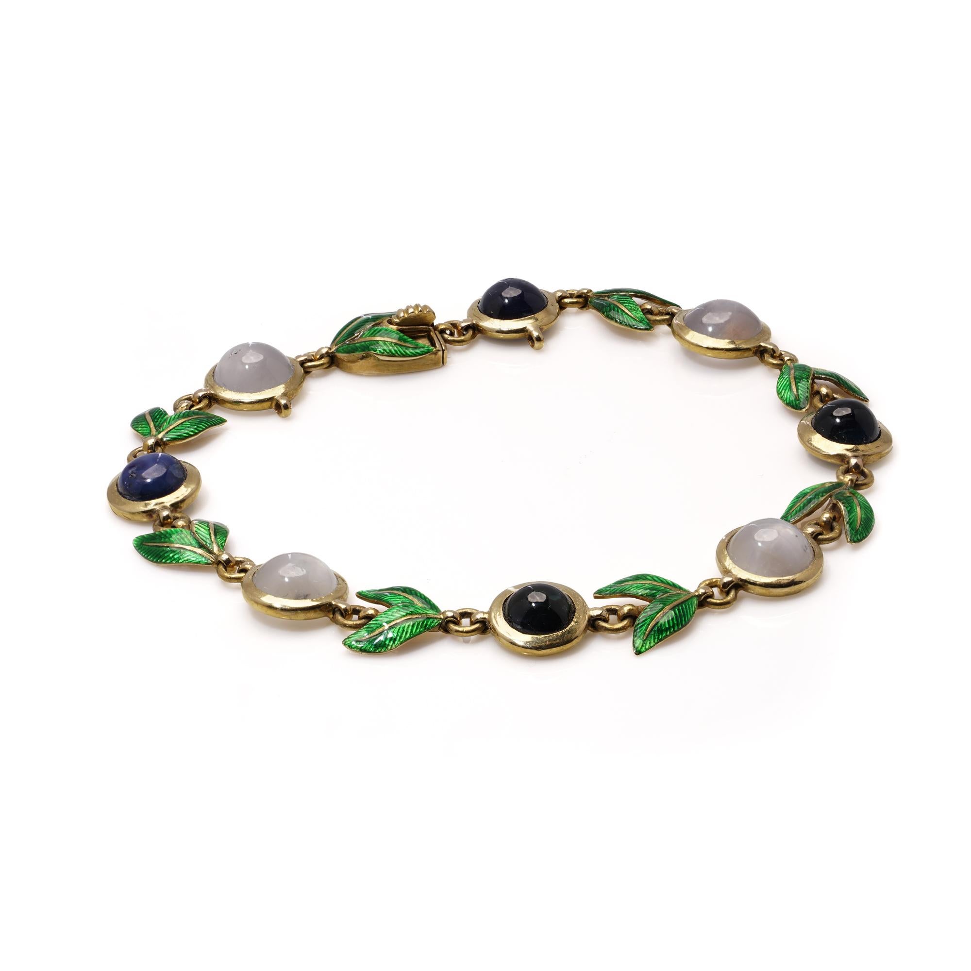 Giuliano 18kt gold bracelet with enamel, cabochon sapphires and moonstones For Sale 3