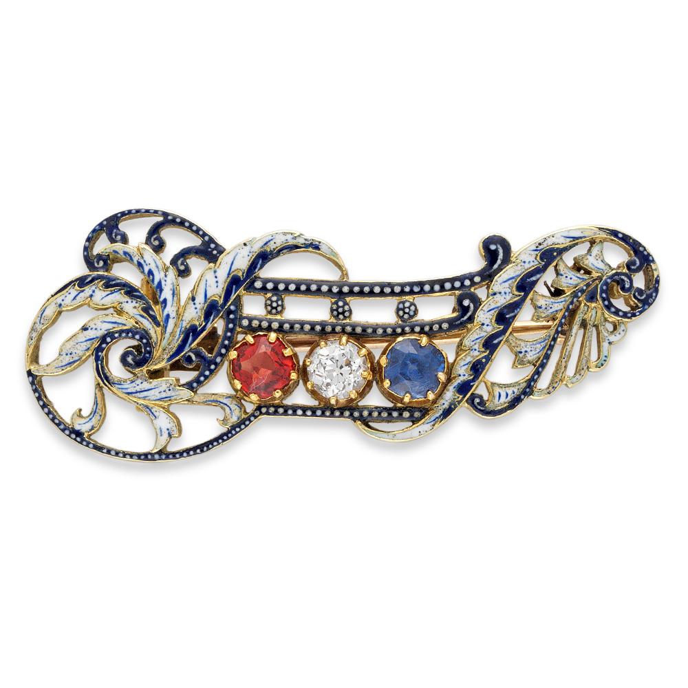 Victorian Giuliano Enamel Sapphire Ruby Diamond Gold Brooch For Sale