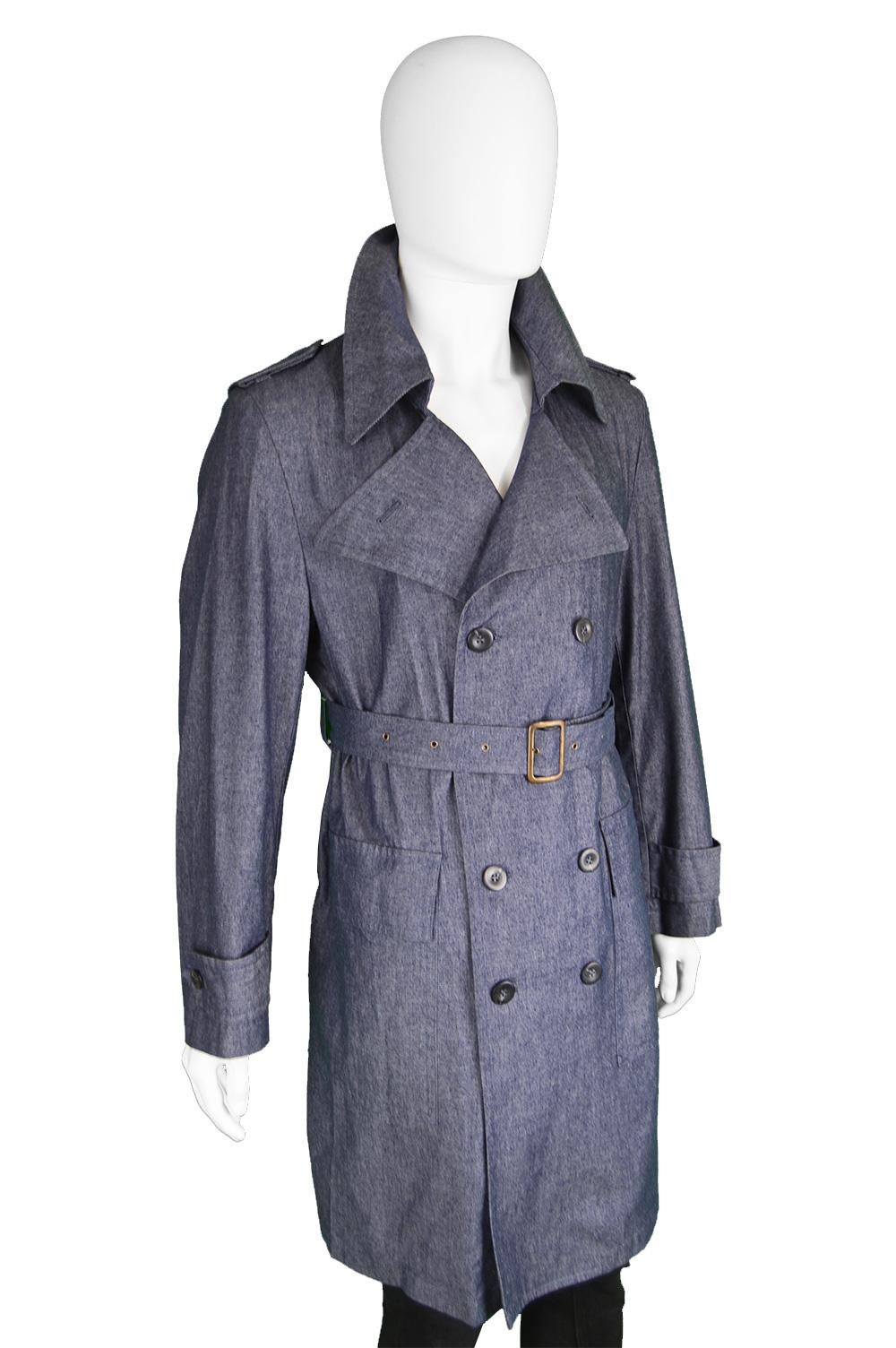 Gray Giuliano Fujiwara Men's Vintage Blue Chambray Belted Trench Coat, 1990s  For Sale