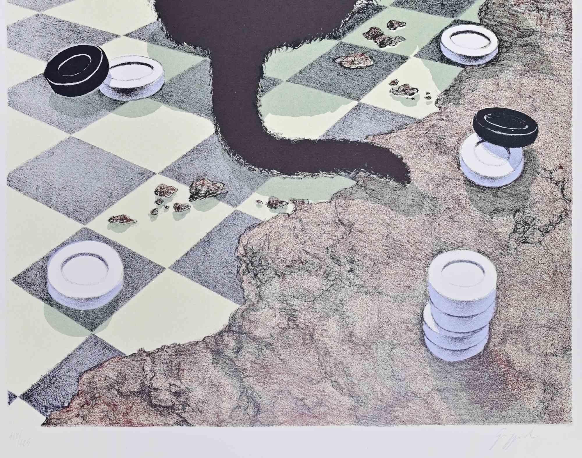 Cat and Chessboard - Lithograph by G. Giuggioli - 1980 - Print by Giuliano Giuggioli