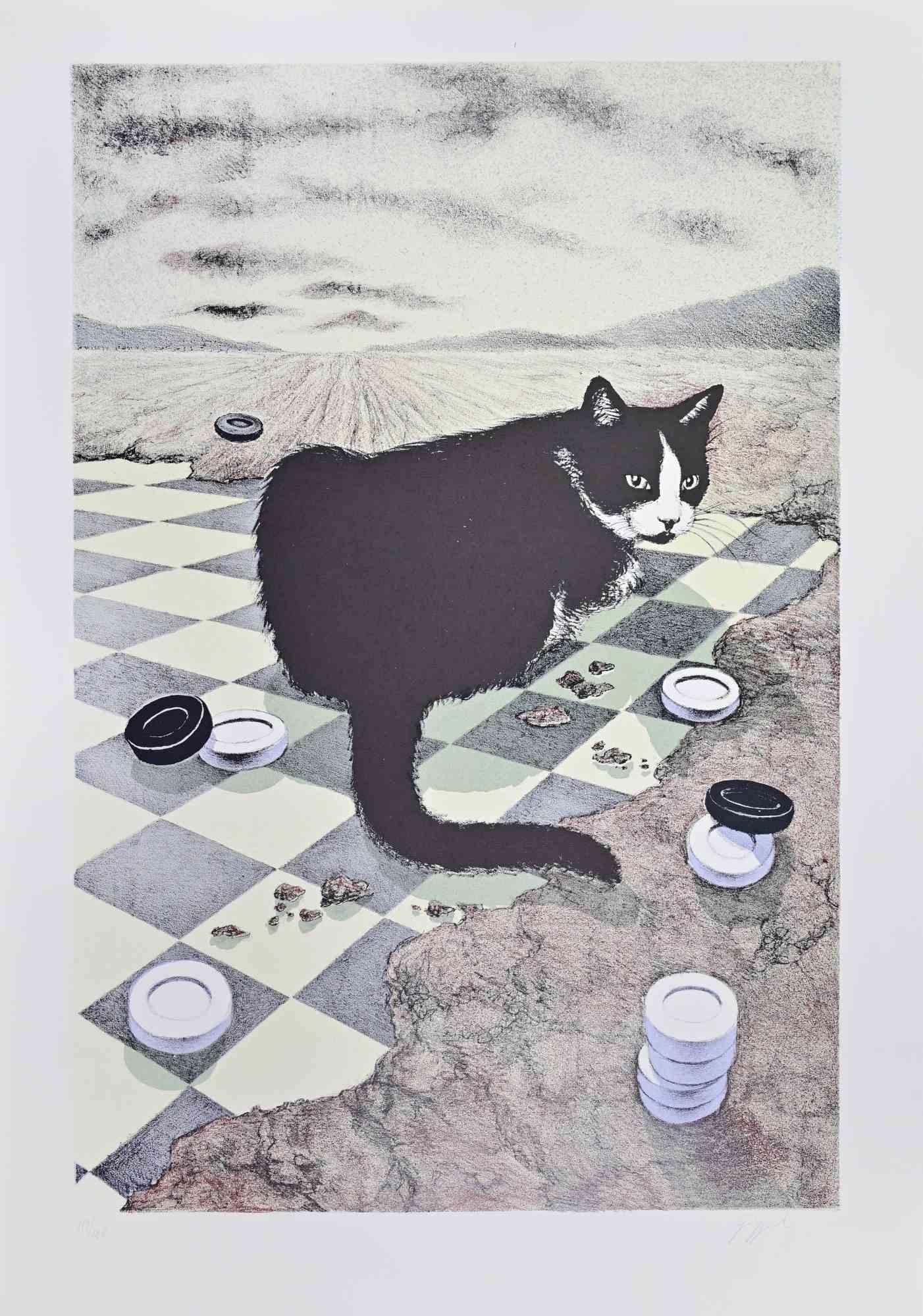 Cat and Chessboard - Lithograph by G. Giuggioli - 1980