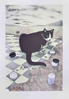 Cat and Chessboard - Lithograph by G. Giuggioli - 1980