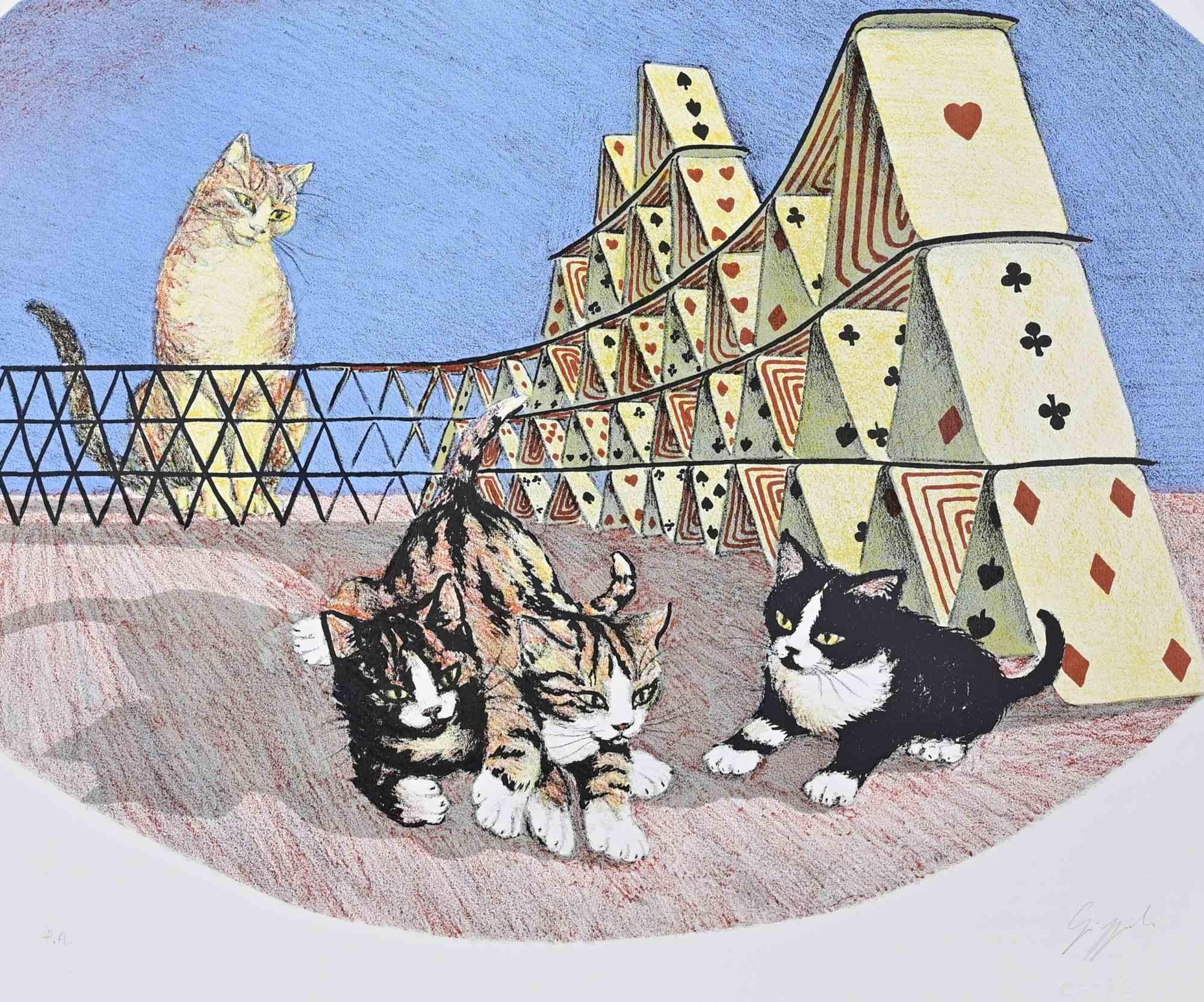 Cats - Lithograph by G. Giuggioli - 1980 - Print by Giuliano Giuggioli