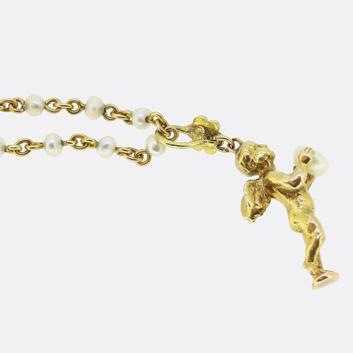 Round Cut Giuliano Pearl Cherub Pendant Necklace For Sale
