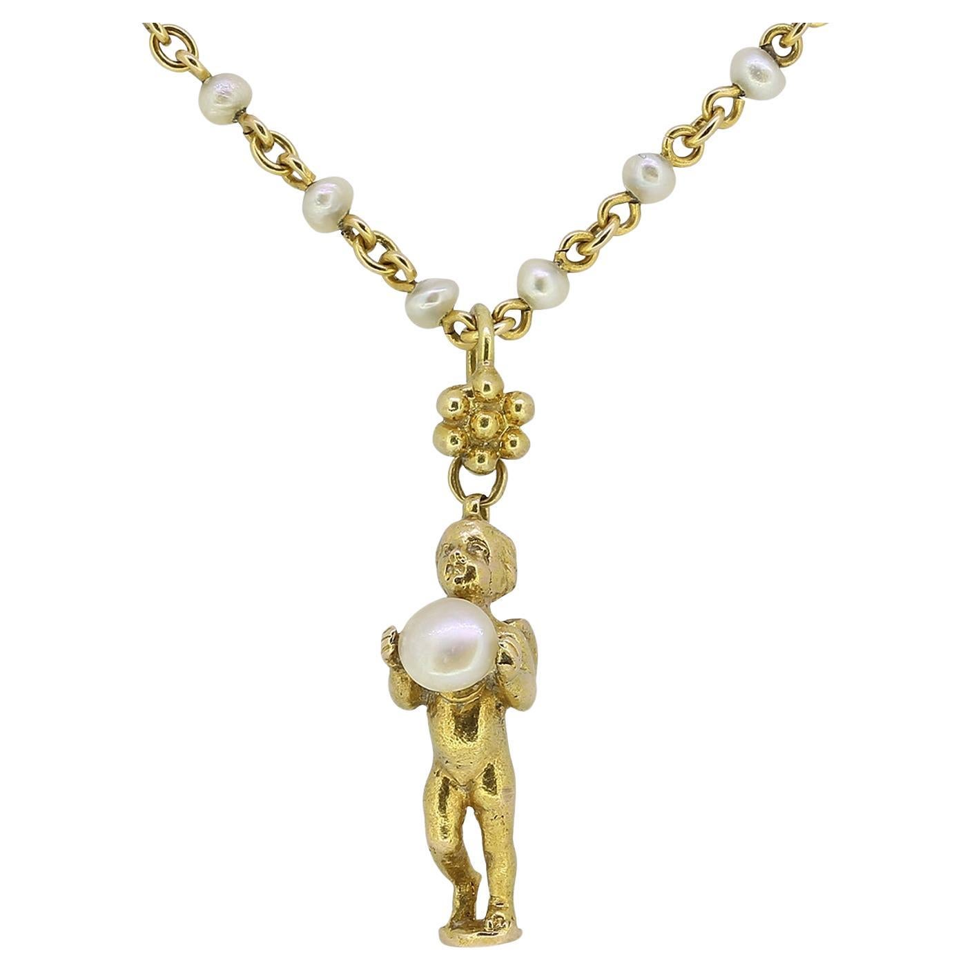 Giuliano Pearl Cherub Pendant Necklace For Sale