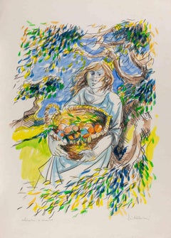 Woman with a Basket of Fruit - Lithograph by Giuliano Pulcini - 1970s