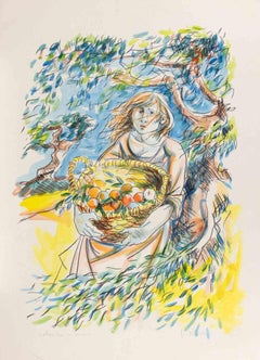 Woman with a Basket of Fruit - Lithograph by Giuliano Pulcini - 1970s