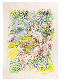 Woman with a Basket of Fruit - Lithograph by Giuliano Pulcini - 1970s