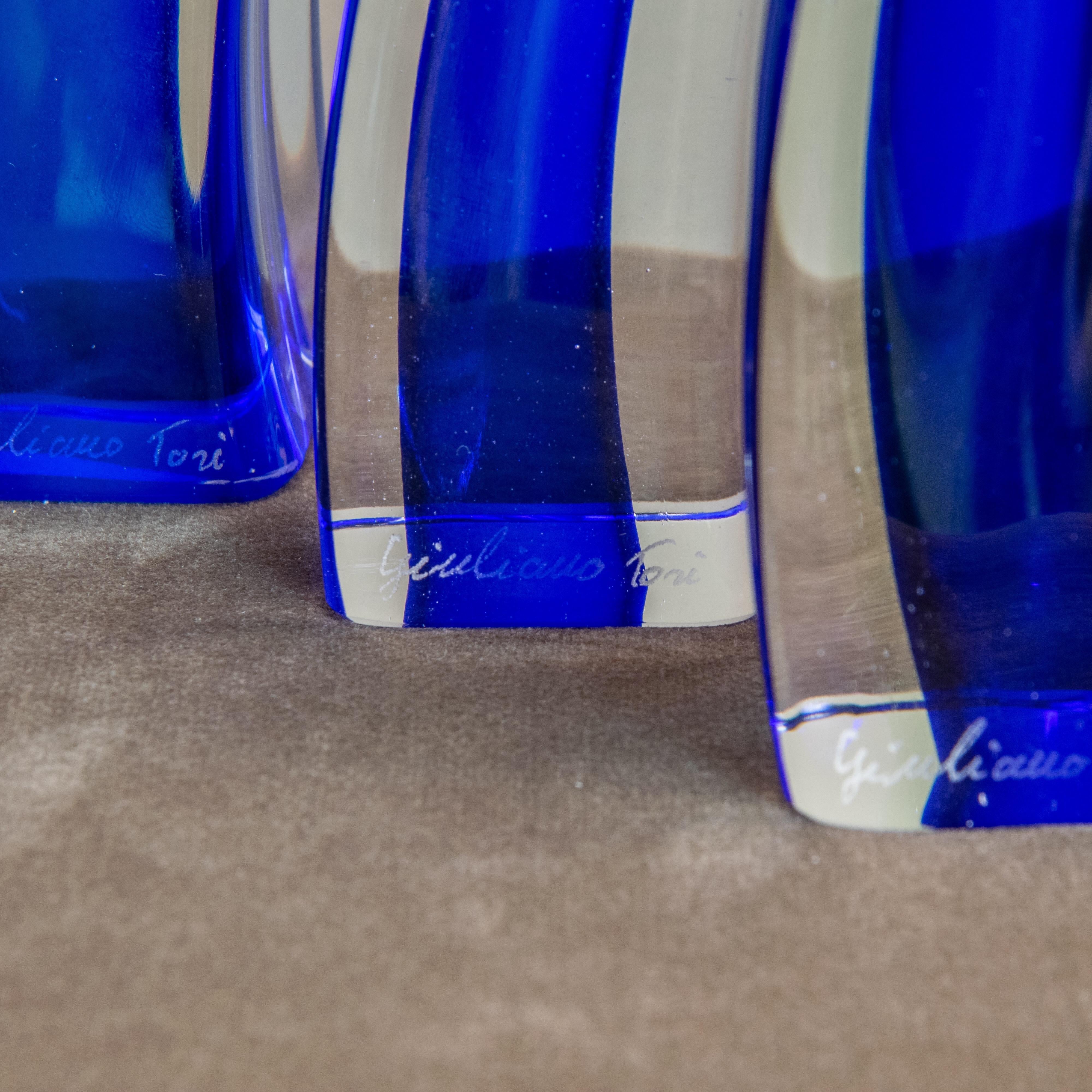 Late 20th Century SignedGiuliano Tosi Set of Three Cobalt Blue Murano Glass Candelsticks  For Sale