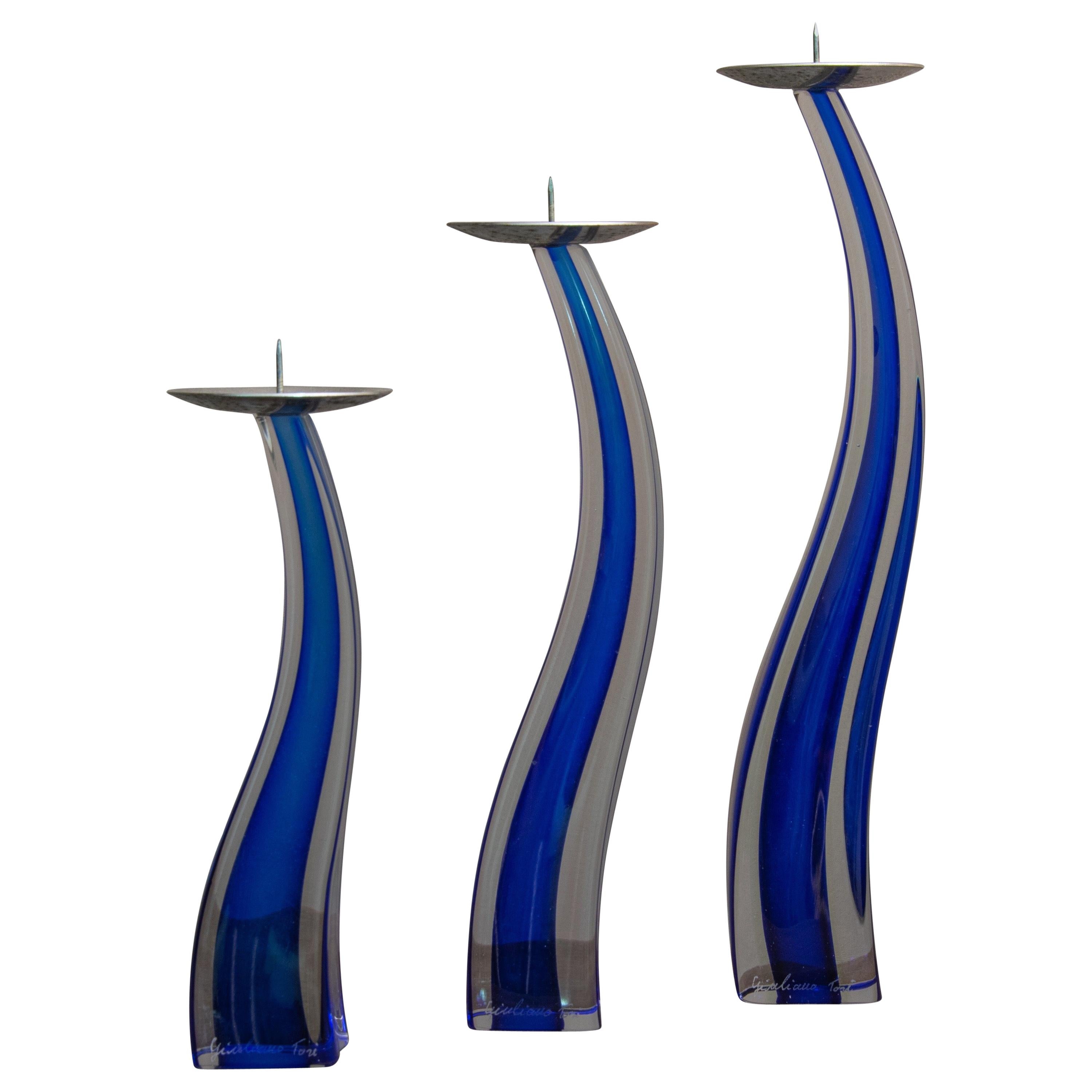 SignedGiuliano Tosi Set of Three Cobalt Blue Murano Glass Candelsticks  For Sale