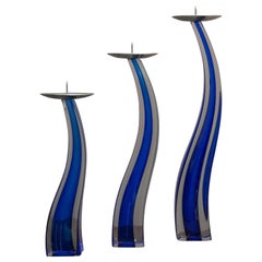 Giuliano Tosi Set of Three Cobalt Blue Sommerso Murano Glass Candelsticks ,1980 
