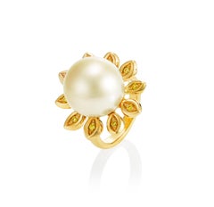 Giulians 15mm Golden South Sea Pearl and Yellow Diamond Flower Ring