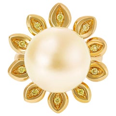 Giulians 15mm Golden South Sea Pearl and Yellow Diamond Flower Ring