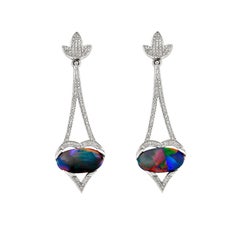 Giulians 18 Karat Art Deco Inspired Australian Black Opal Diamond Drop Earrings