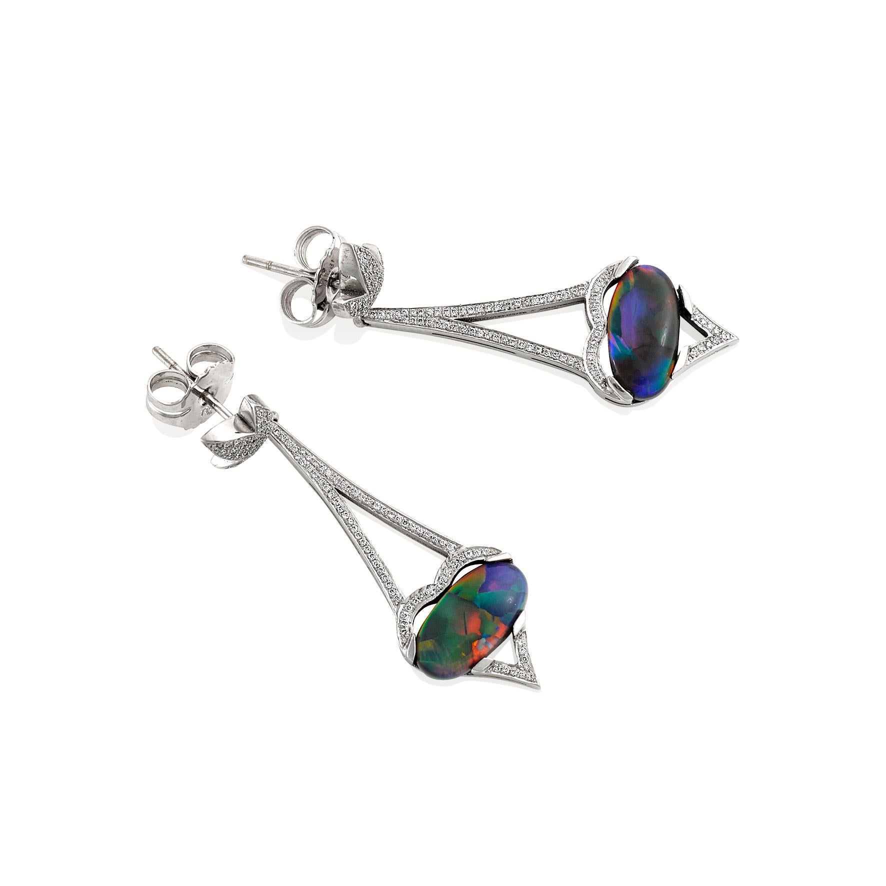 Oval Cut Giulians 18 Karat Art Deco Inspired Australian Black Opal Diamond Drop Earrings For Sale