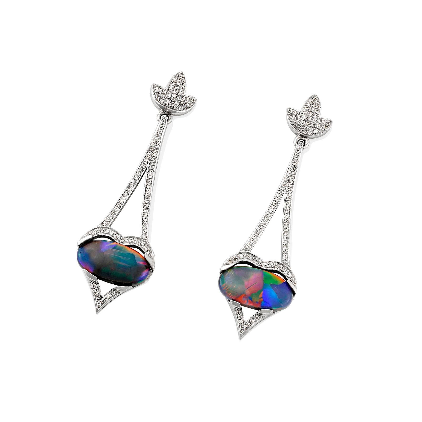 Giulians 18 Karat Art Deco Inspired Australian Black Opal Diamond Drop Earrings For Sale 1
