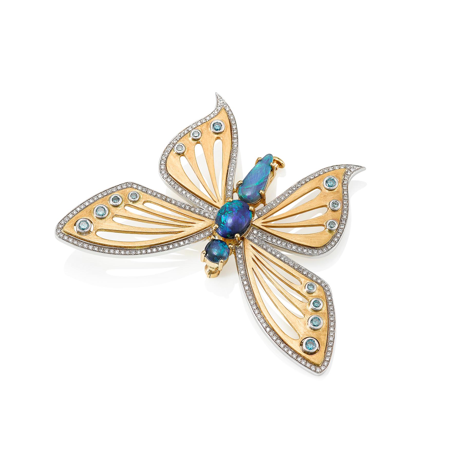 Contemporary Giulians 18k Australian Black Opal and Diamond Butterfly Brooch