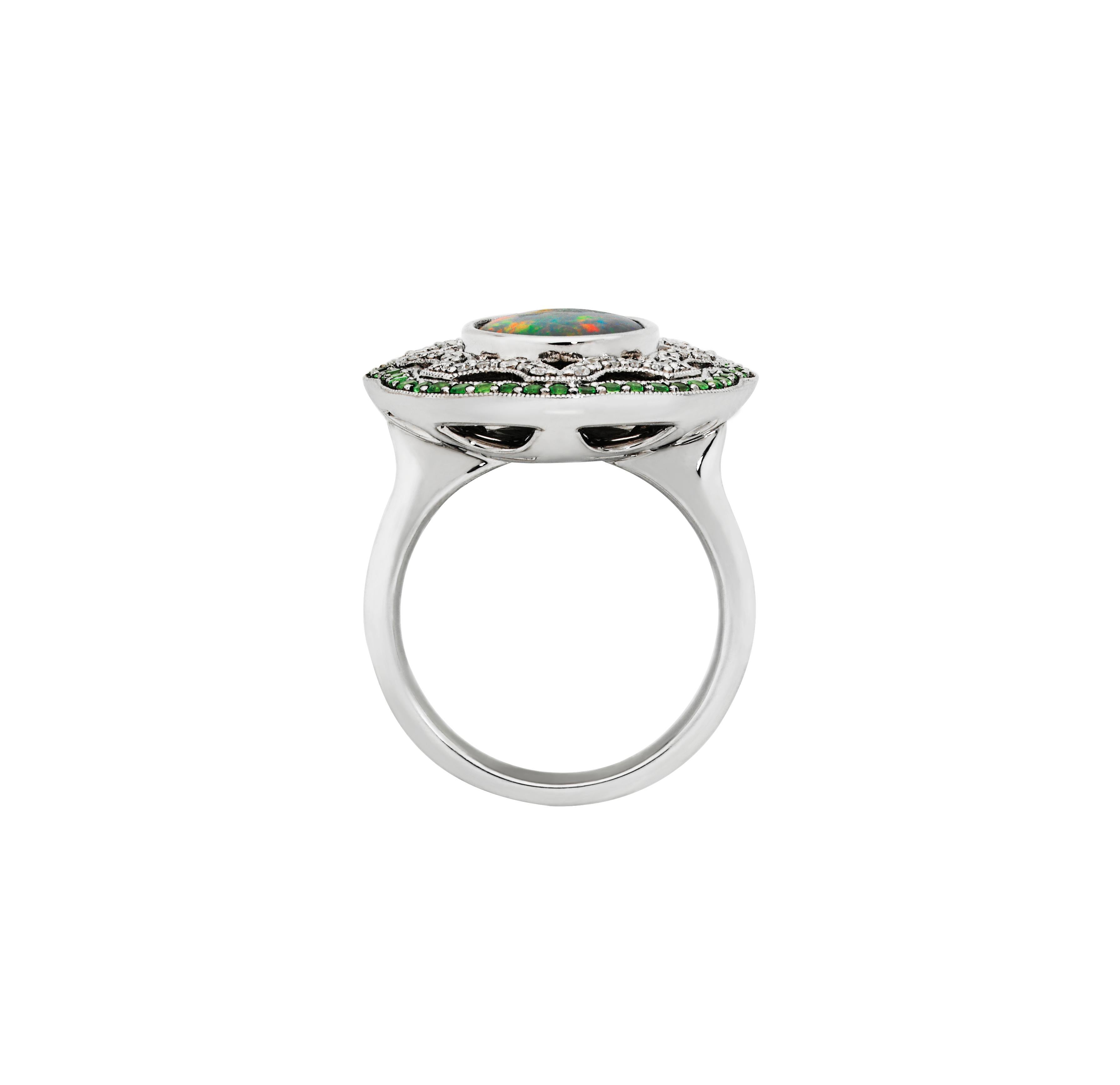 Round Cut Giulians 18K Australian Black Opal Tsavorite Garnet and Diamond Ring For Sale