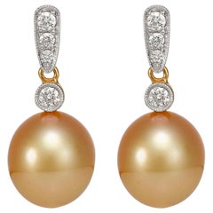 Giulians 18k Golden South Sea Pearl and Diamond Earrings