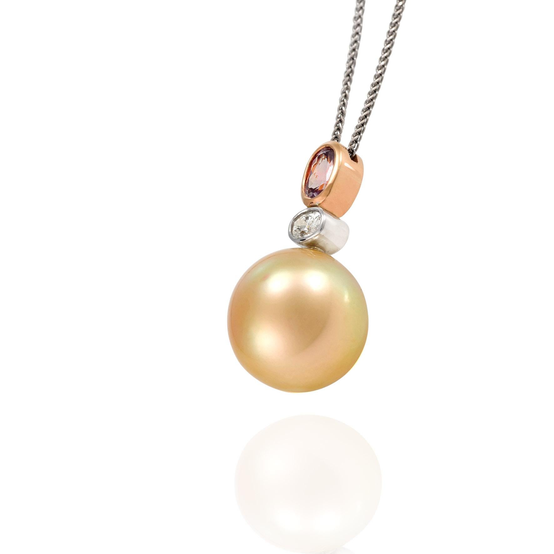 Contemporary Giulians 18k Golden South Sea Pearl and Pink Sapphire Diamond Pendant For Sale