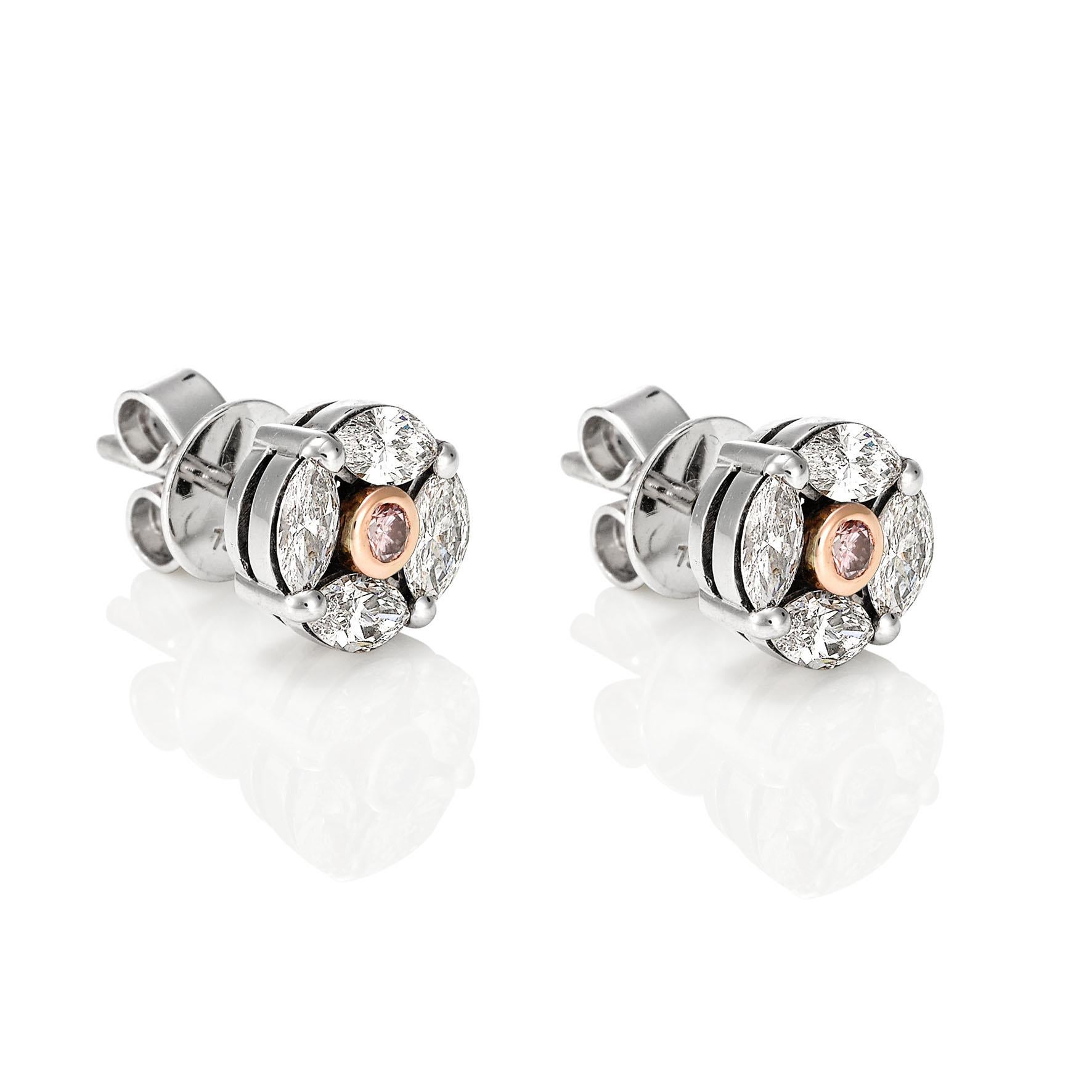 Contemporary Giulians 18k Pink and White Diamond Stud Earrings  For Sale