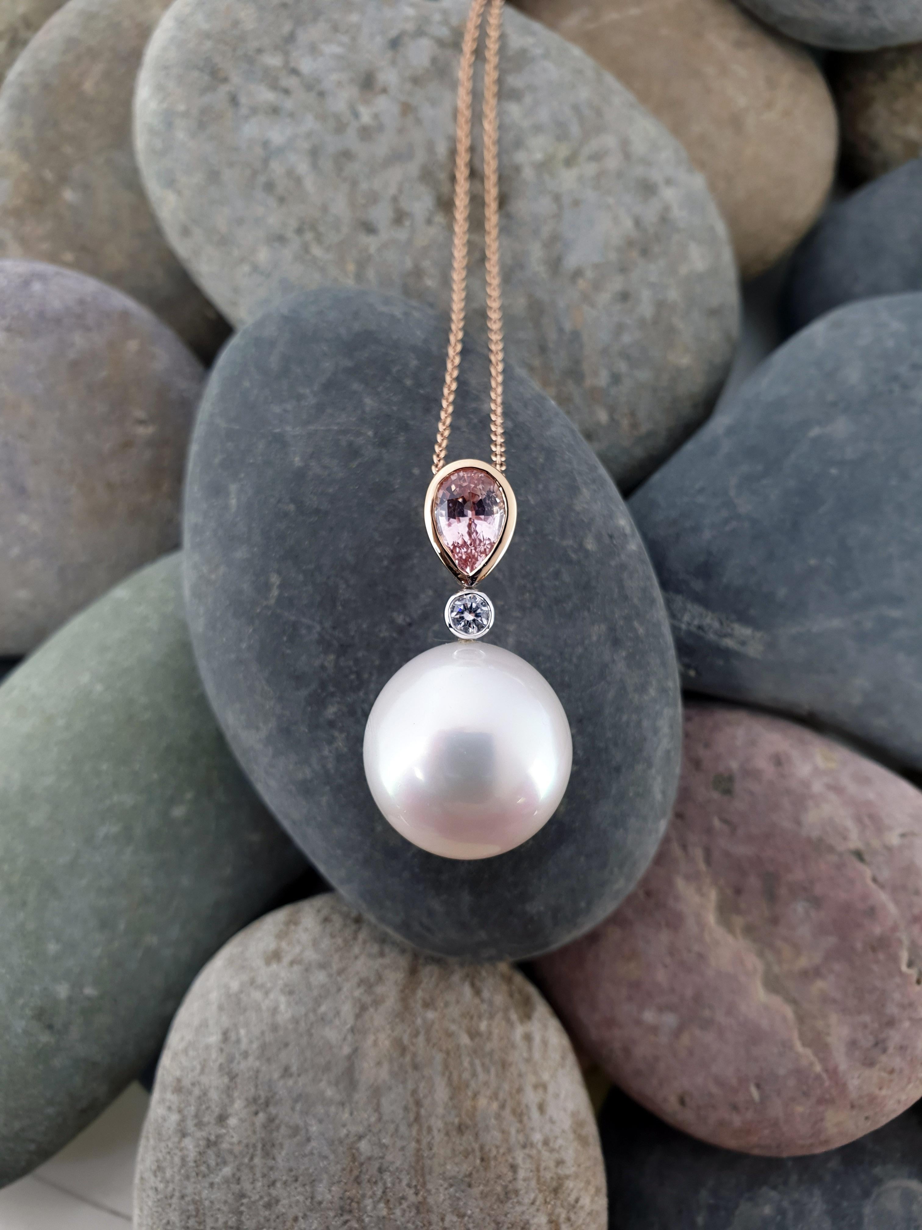 Women's Giulians 18k South Sea Pearl Padparadscha Sapphire and Diamond Pendant