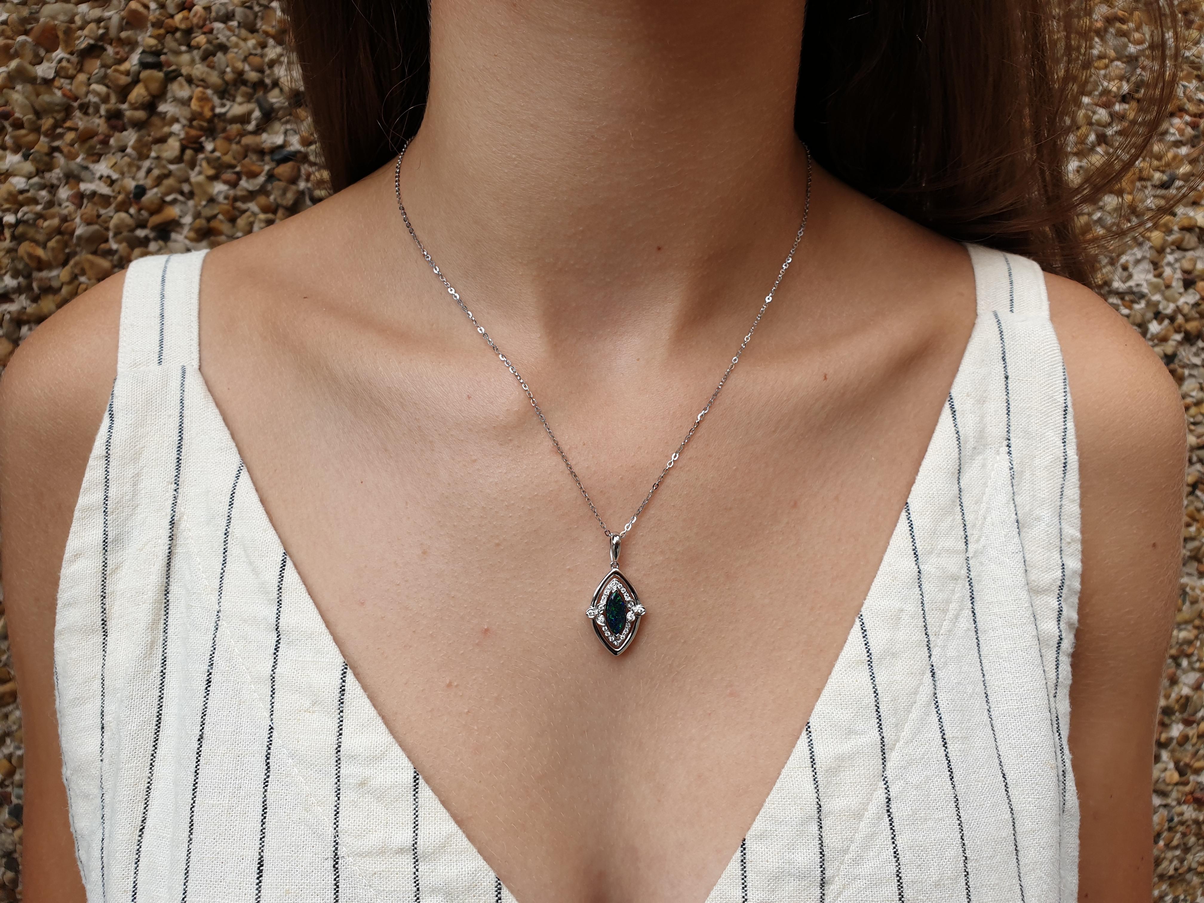 Giulians Art Deco Style Australian Black Opal and Diamond Pendant Necklace For Sale 1