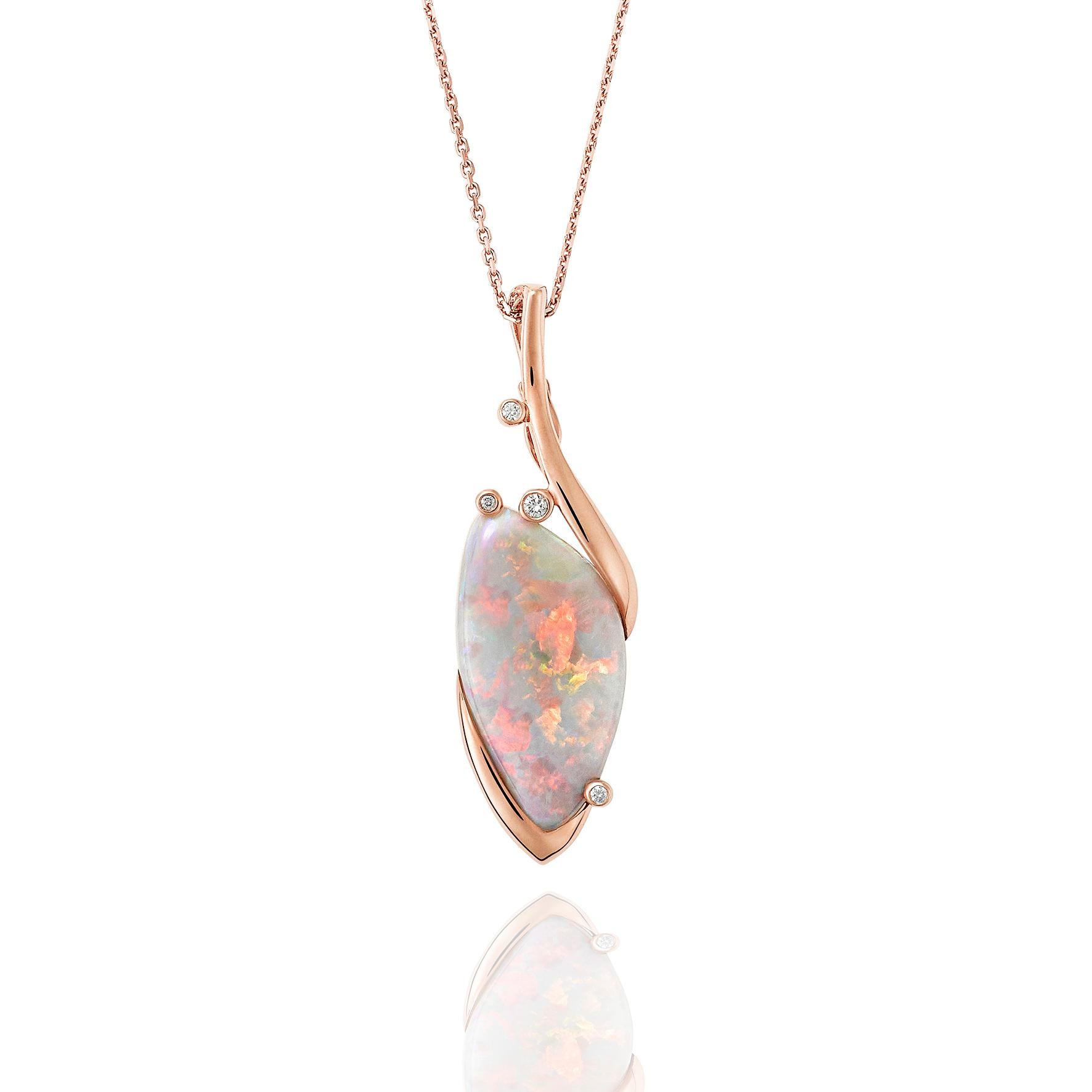 Giulians Contemporary 18 karat rose gold Australian black opal and diamond Pendant Necklace.  This pendant features a 13.60ct natural solid light black opal, from Lightning Ridge NSW, with bright pastel pink play-of-color.  The opal is set in 4