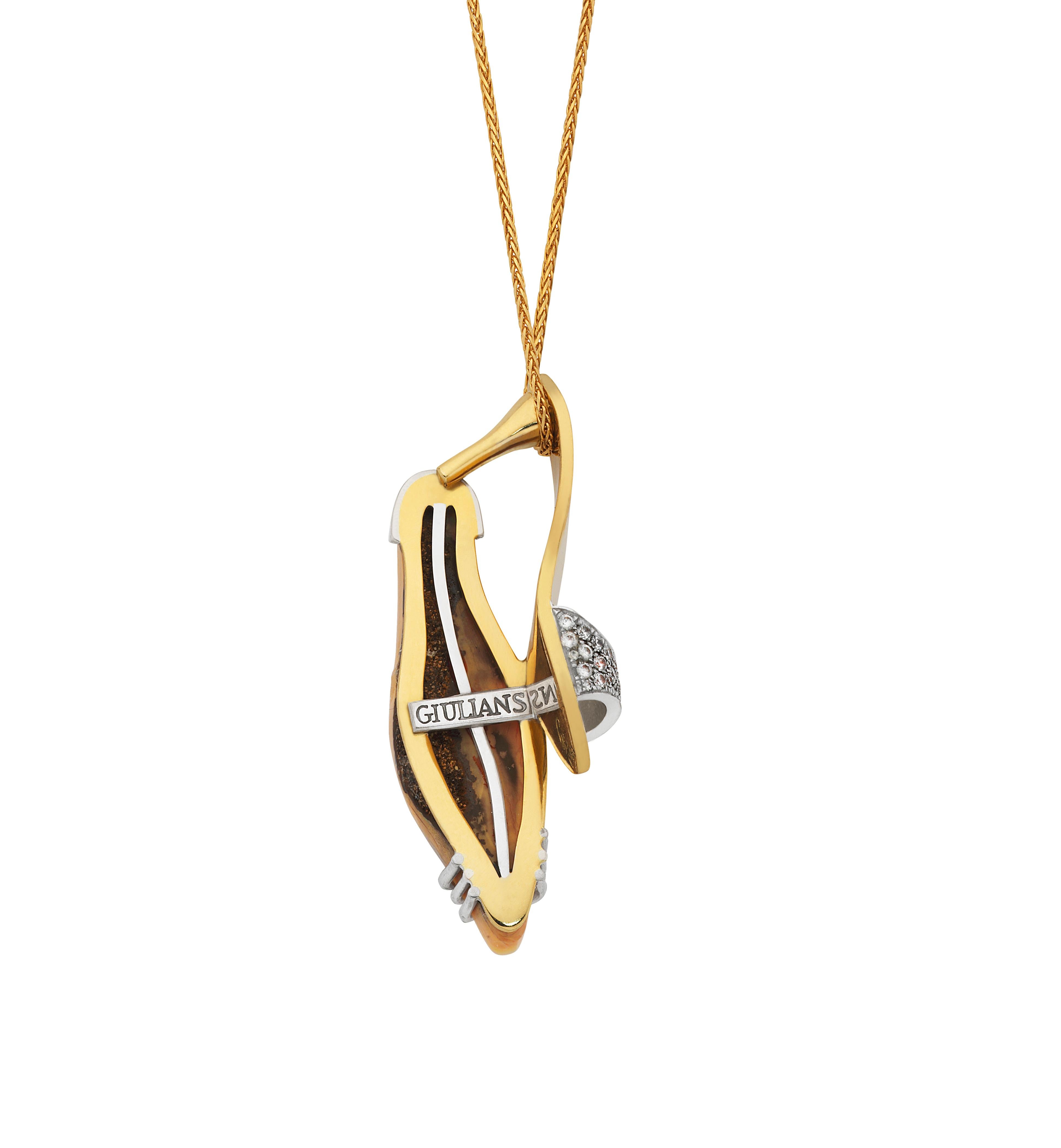 Contemporary Giulians Handmade 18k 11.78ct Australian Boulder Opal and Diamond Shoe Necklace For Sale