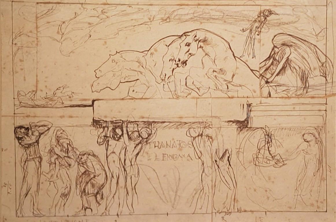 Giulio Aristide Sartorio Figurative Print - Sketch for the Parliament Hall “Thanatos and the Enigma” - 1900s - Drawing