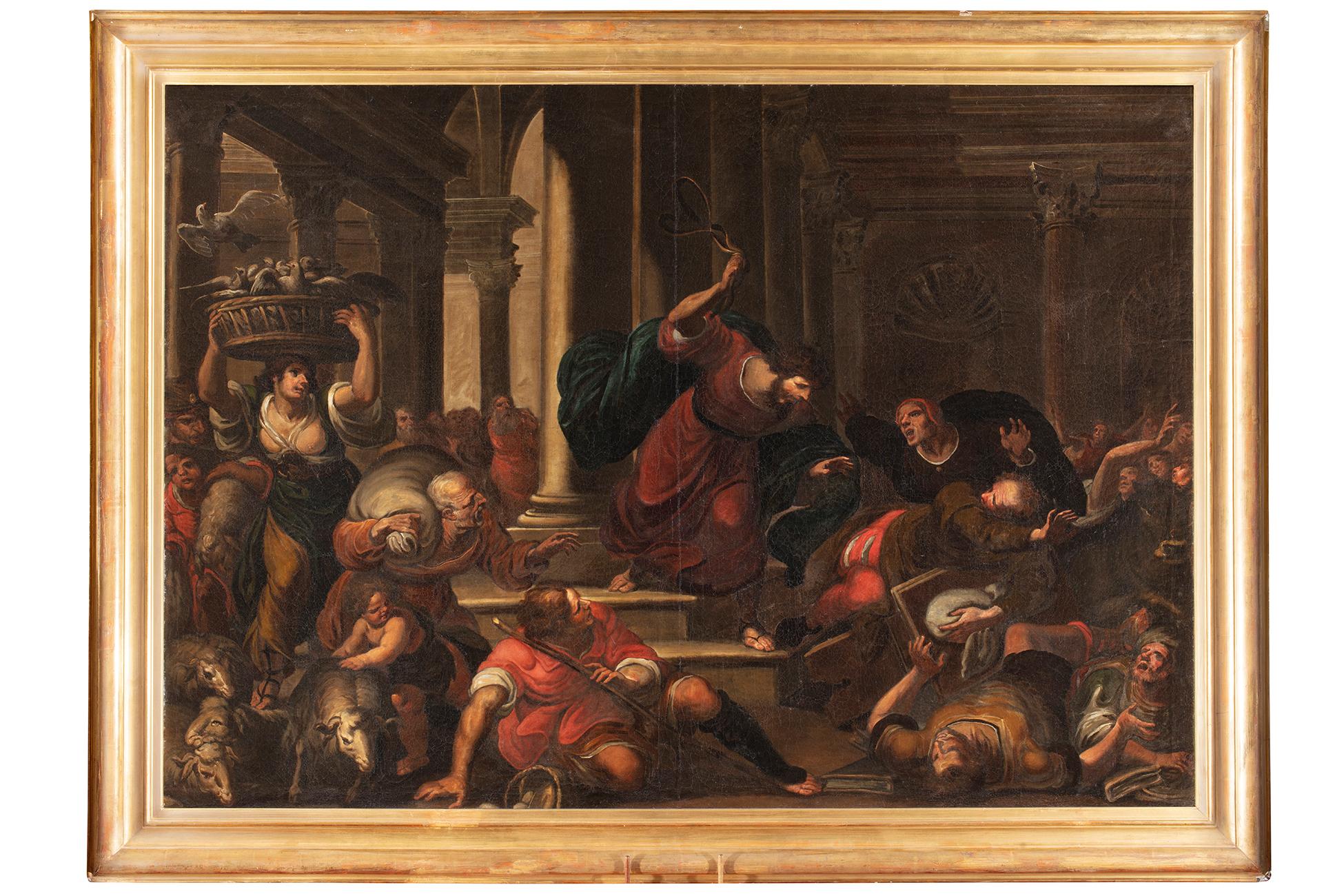 Giulio Benso (Gênes, 1592 - 1668)
Cadre en bois façonné et doré du XIXe siècle

Cette merveilleuse toile, chef-d'œuvre de Giulio Benso, peintre génois du XVIIe siècle, représente la scène sacrée de l'expulsion des marchands du Temple par le Christ.