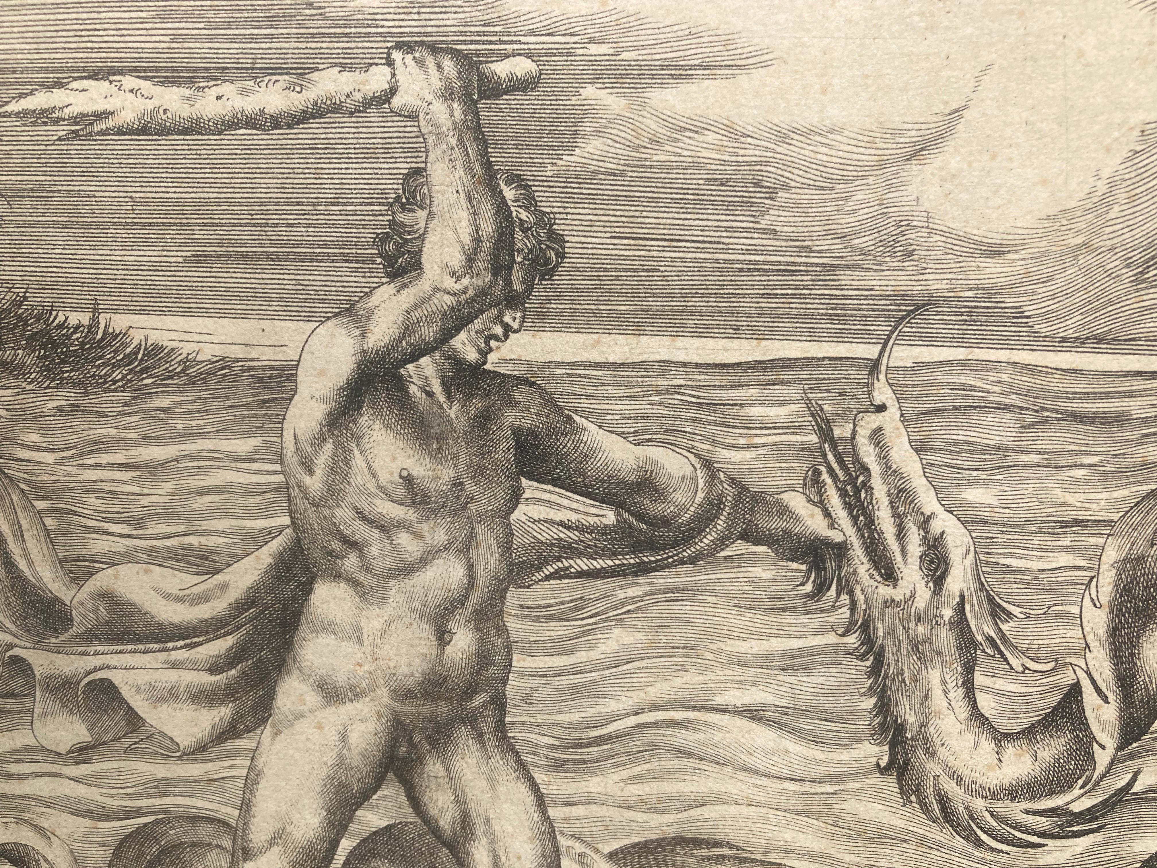 HERKULES KÄMPFT ADRAGON in der Mitte, ACHELOUS BEWEGT DEIANEIRA links (Alte Meister), Print, von Giulio Bonasone