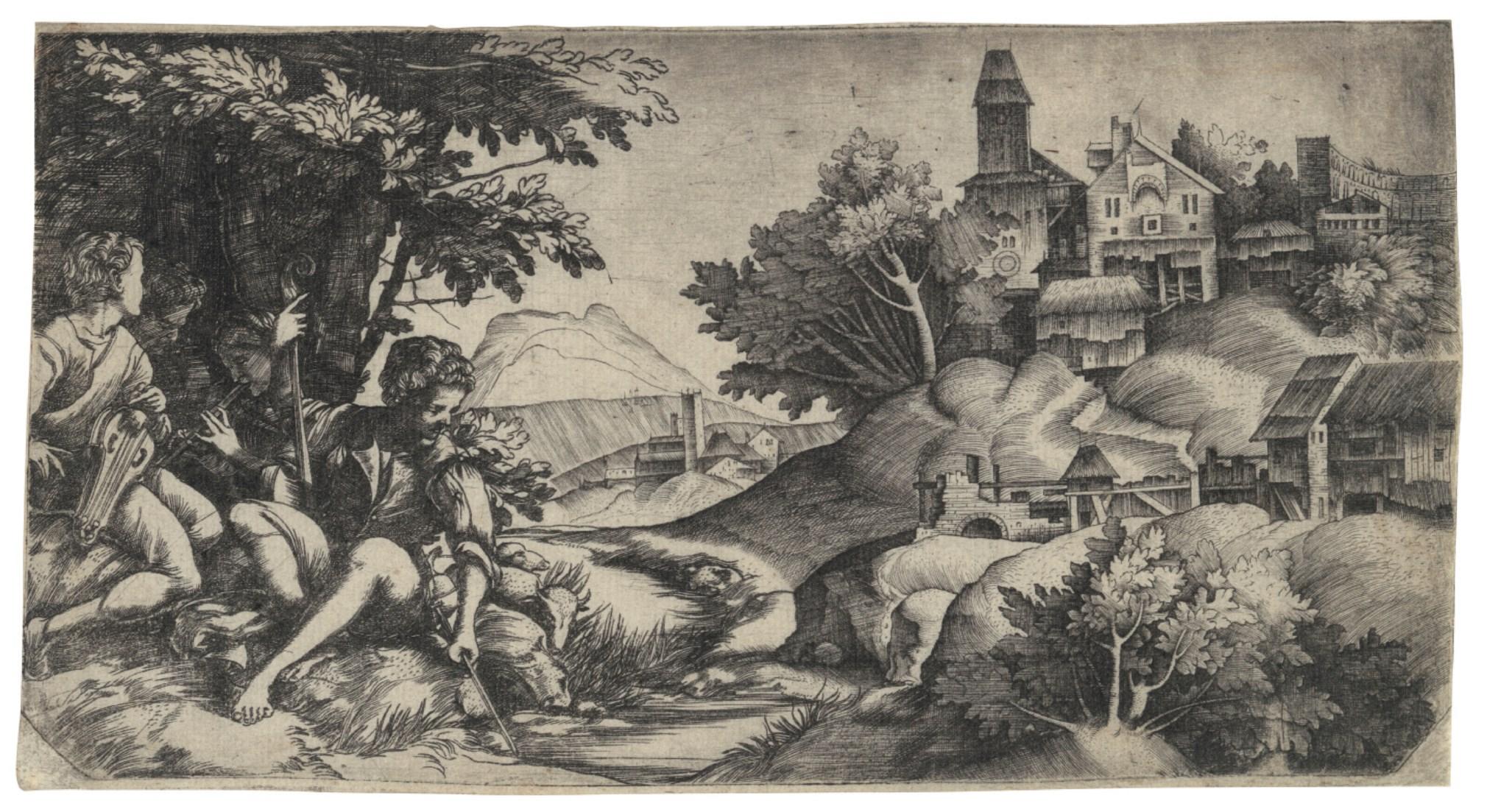 Giulio Campagnola Figurative Print - Shepherds in a Landscape