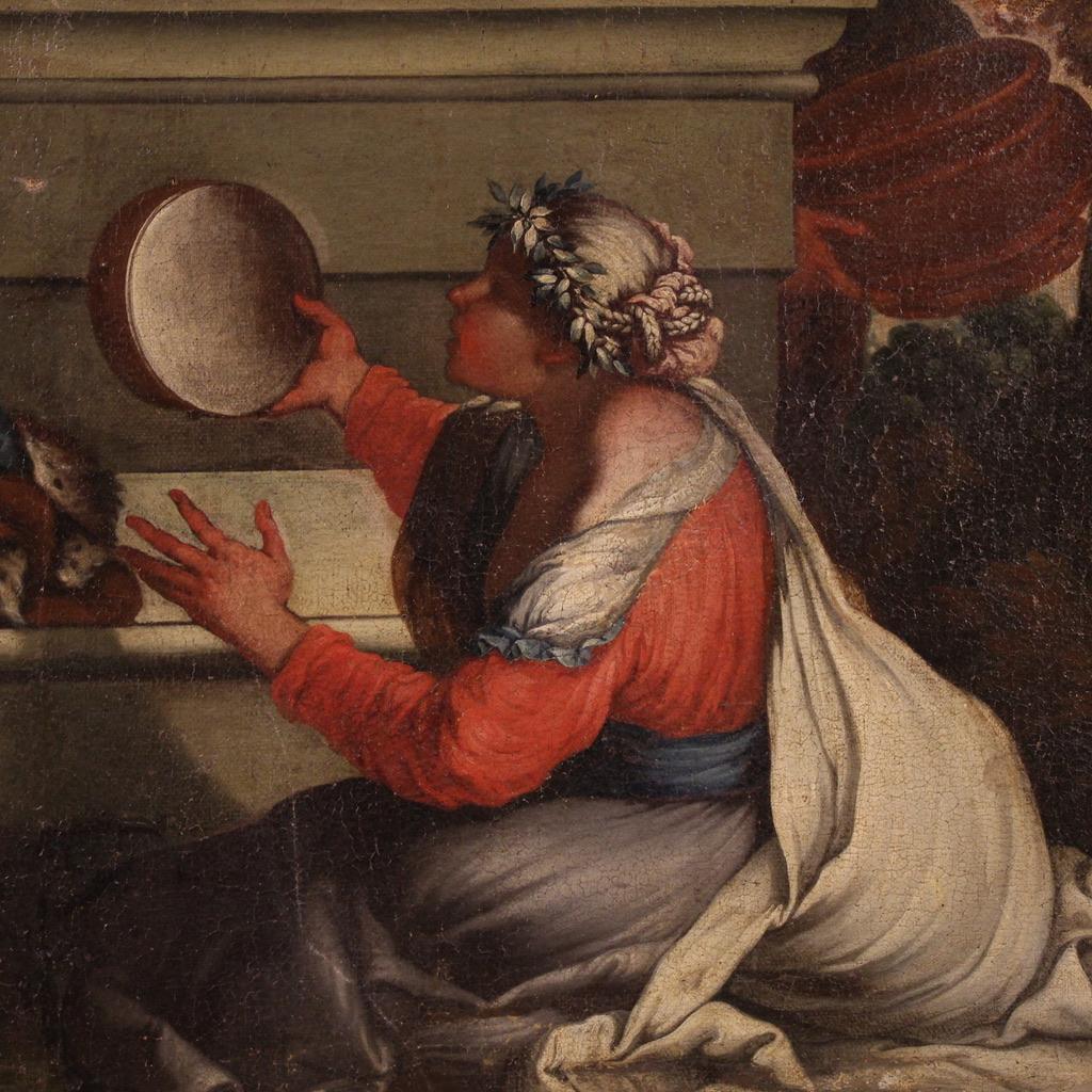 Ein großes italienisches Gemälde aus dem 17. Jahrhundert. Kunstwerk in Öl auf Leinwand, das ein wunderbares mythologisches Thema darstellt, ein lebendiges venezianisches Bacchanal. Das Gemälde wird dem Umkreis von Giulio Carpioni (1613-1678)