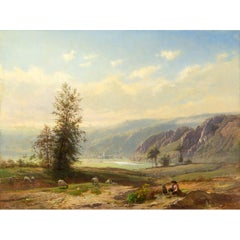 Paisaje pastoral con montañas y lago, pintura al óleo de mediados del siglo XIX