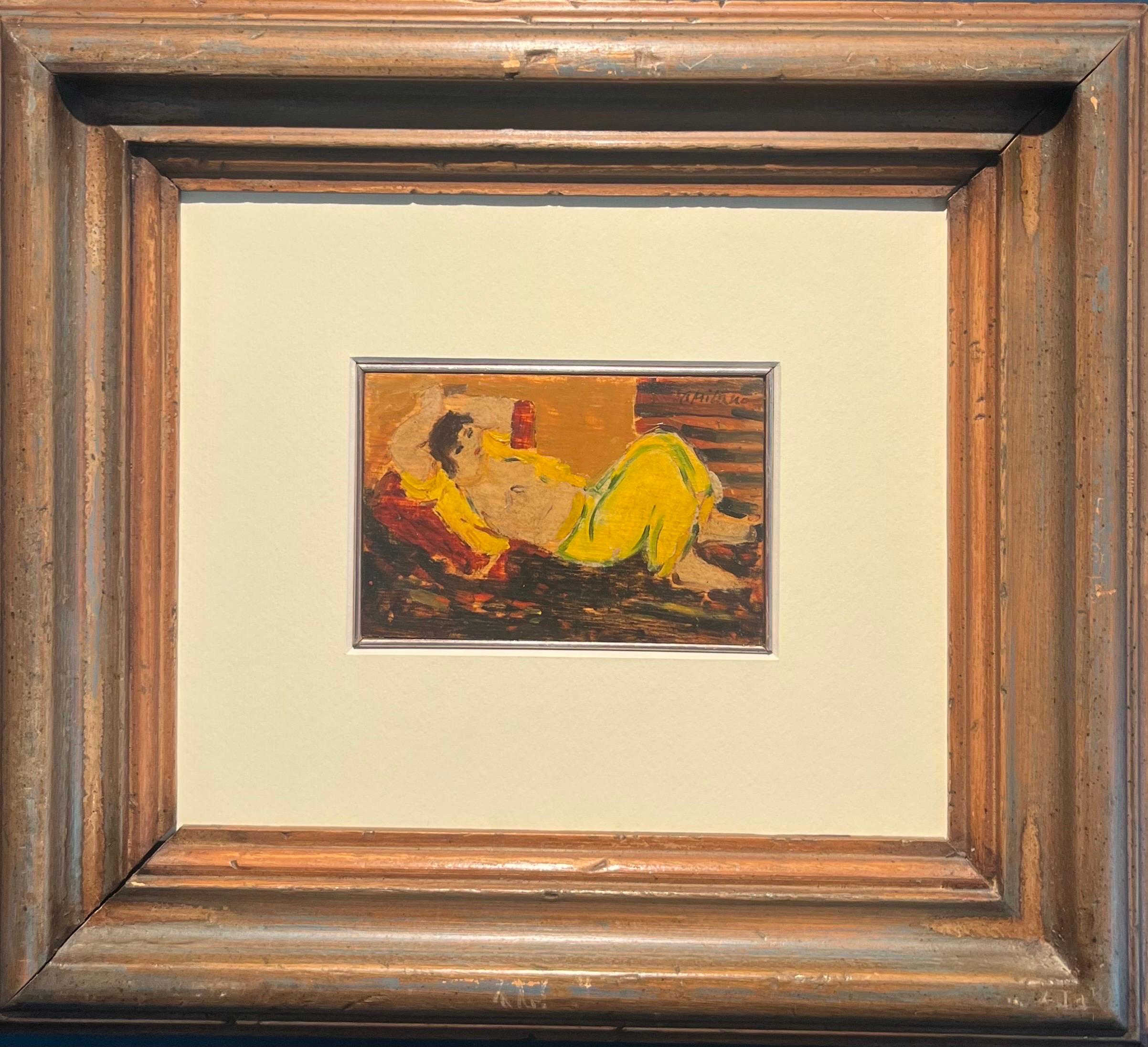Giulio da Milano Nude Painting - "Yellow odalisque" cm. 15 x 10 1925