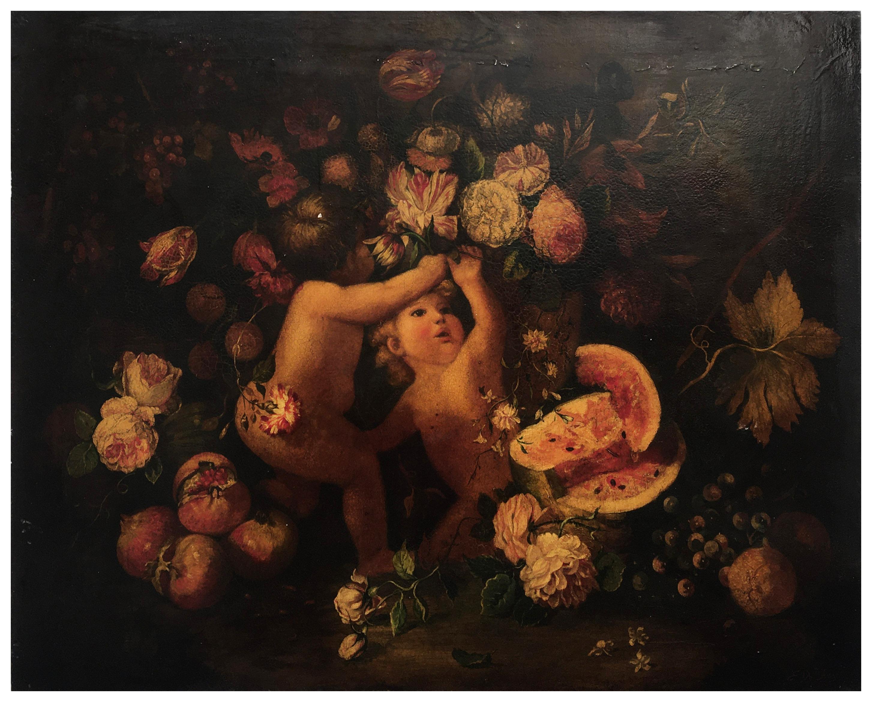 CHERUBIM WITH FLOWERS- Italian School - Italian Figurative Oil  painting - Painting by Giulio Di Sotto