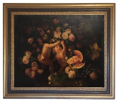 CHERUBIM WITH FLOWERS- Italian School - Italian Figurative Oil  painting