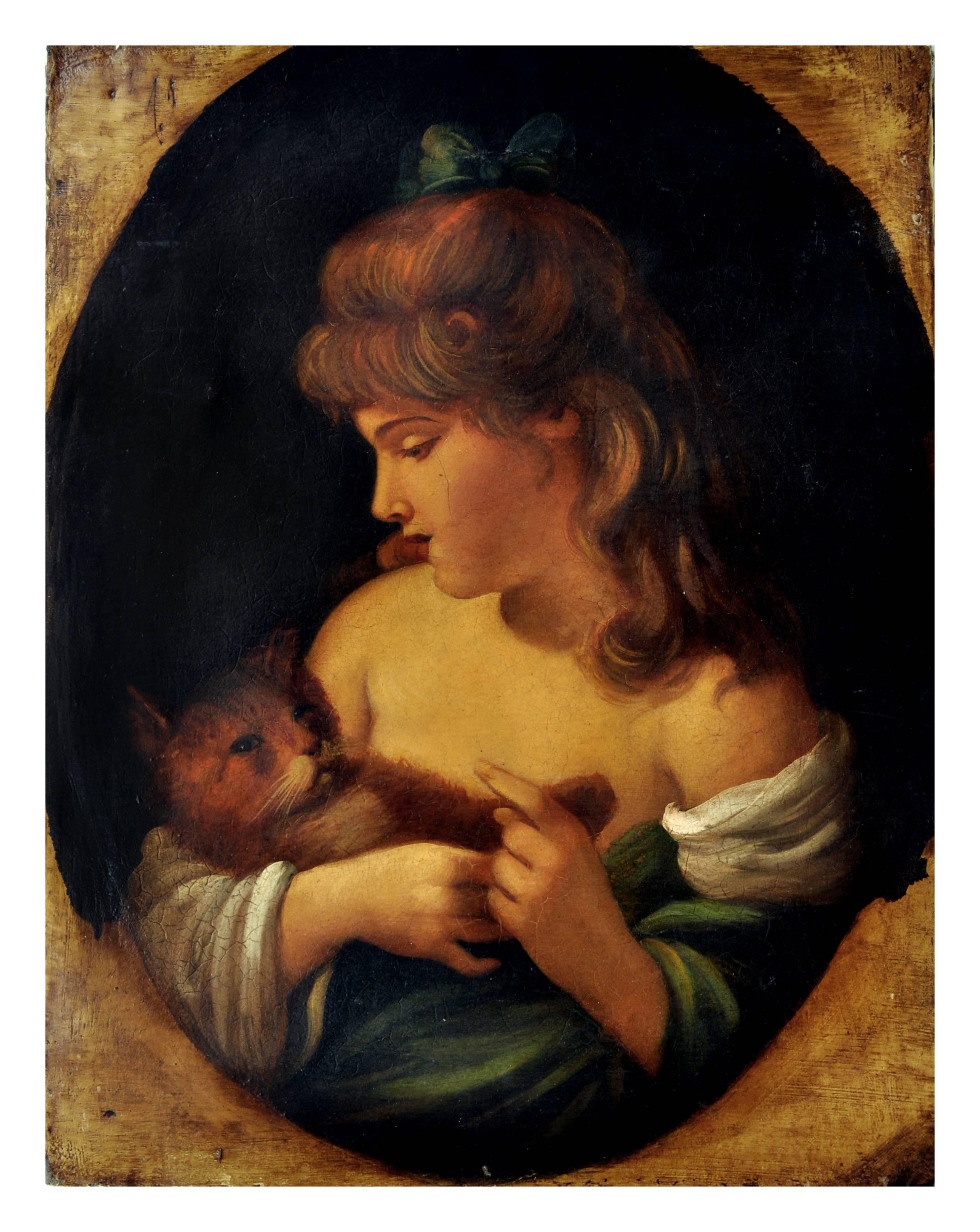 GIRL WITH KITTEN- In the Manner of F.Ballavoine's -  Italy   Oil on canvas paint - Painting by Giulio Di Sotto