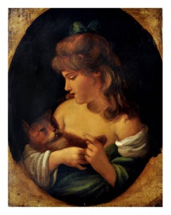 GIRL WITH KITTEN- In the Manner of F.Ballavoine's -  Italy   Oil on canvas paint