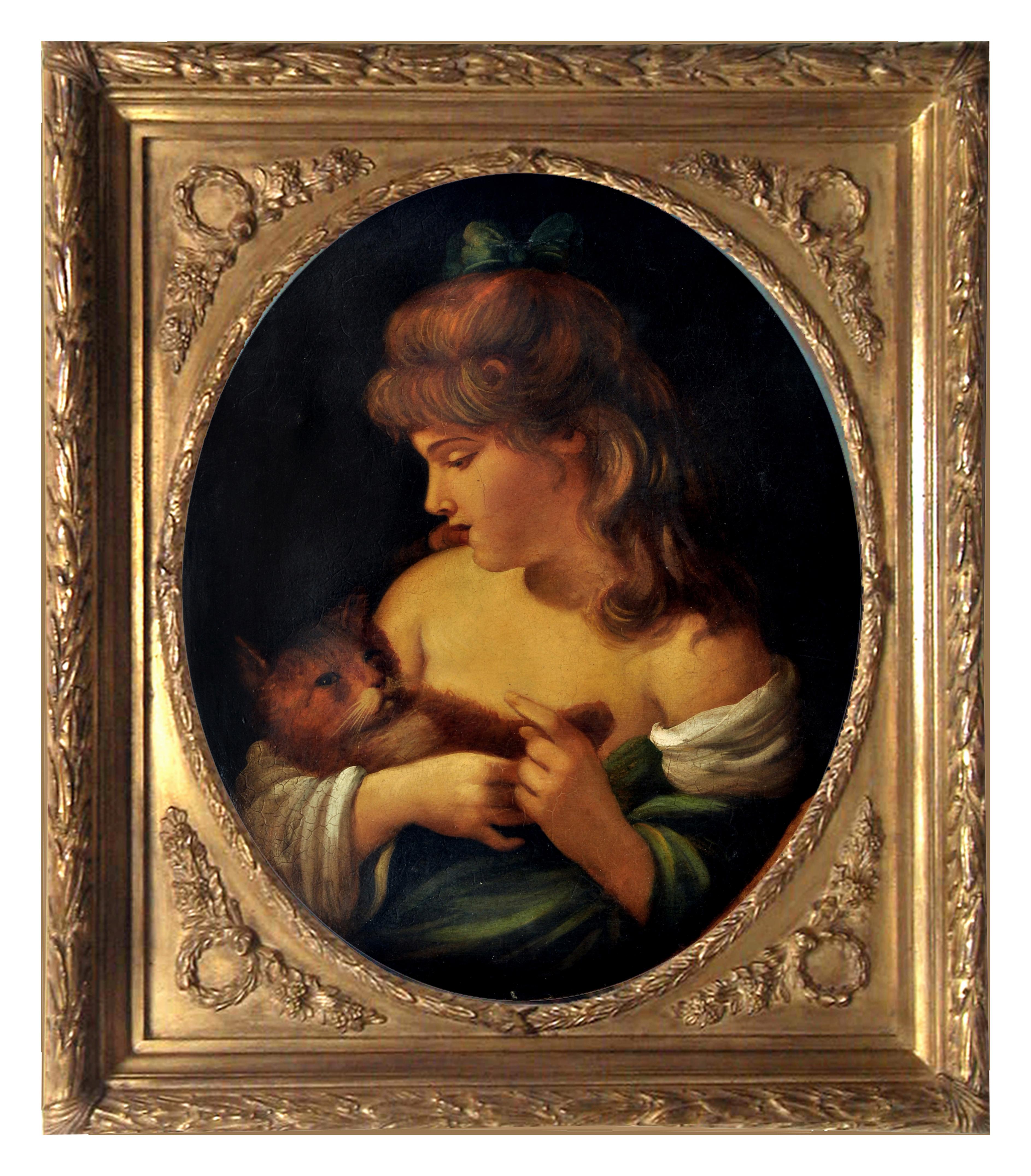 Portrait Painting de Giulio Di Sotto - CHICA CON Gatito- A la Manera de F.Ballavoine's -  Italia   Óleo sobre lienzo