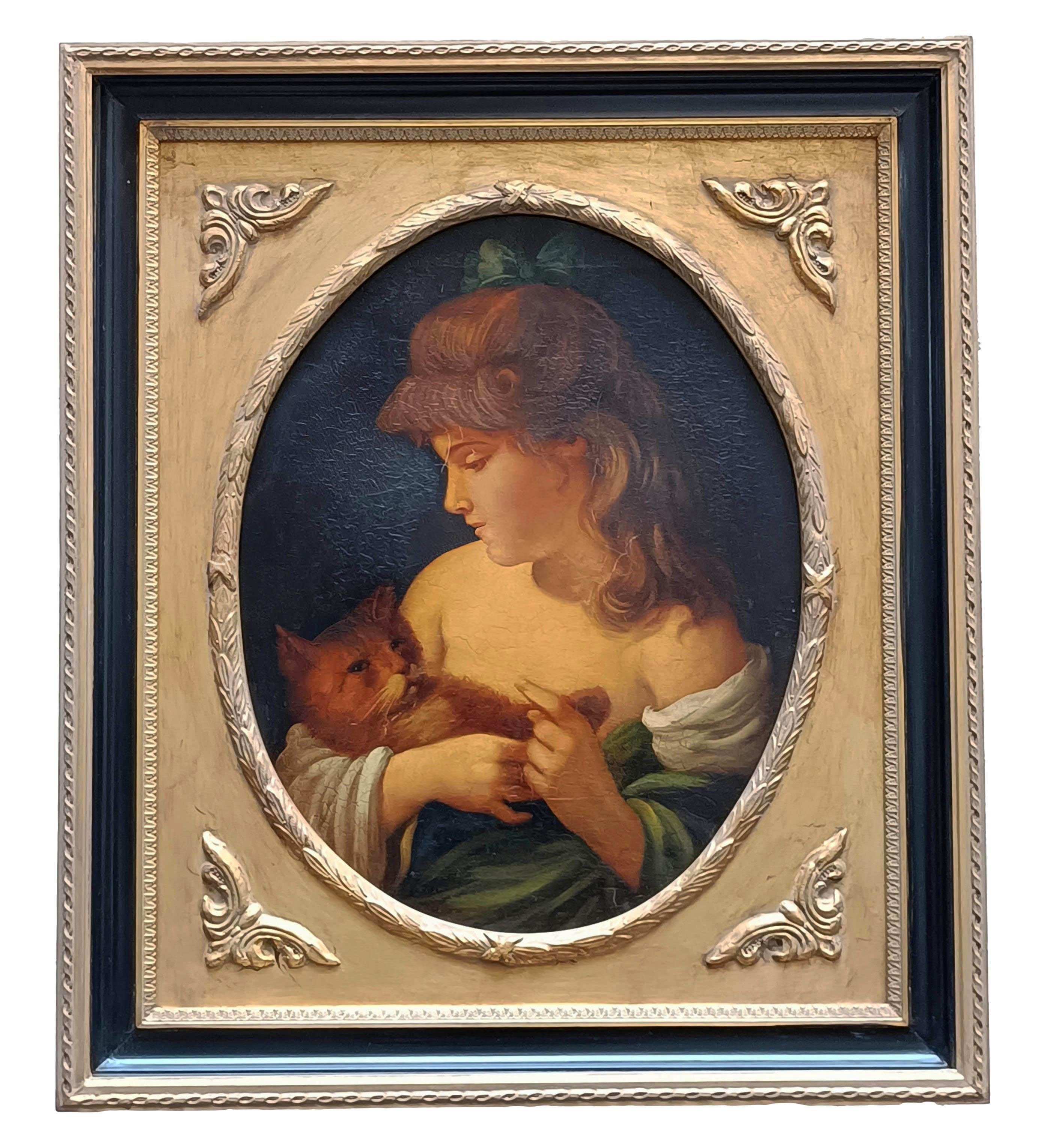 GIRL WITH KITTEN - À la manière de F.Ballavoine -  Italie   Peinture à l
huile sur toile