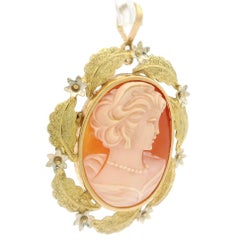 Giulio Dionisi 18k Italian Gold Botanical Detail Carved Cameo Pin Brooch Pendant