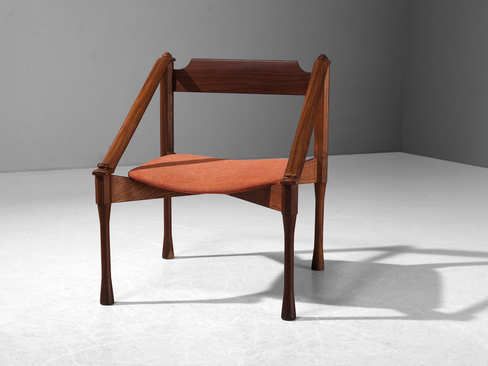 Giulio Moscatelli, armchair, teak, fabric, Italy, ca. 1950

This armchair by Giulio Moscatelli is distinctive in its execution. The legs are beautifully sculpted, showing concave carvings. The diagonal placed armrests give a sense of dynamism. Pure,