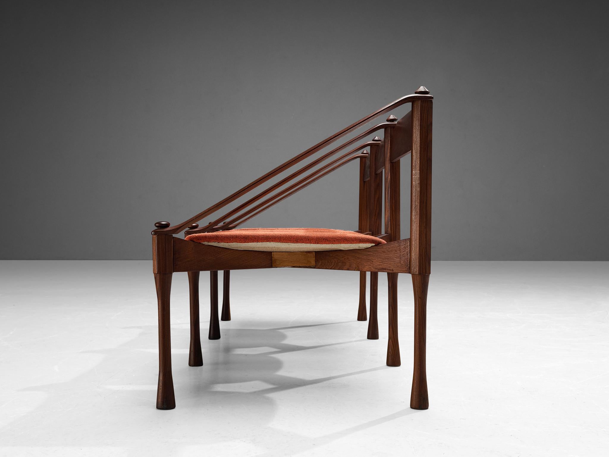 Fabric Giulio Moscatelli Bench in Teak and Red Upholstery