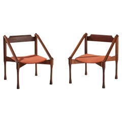 Vintage Giulio Moscatelli Pair of Armchairs in Teak and Red Upholstery 