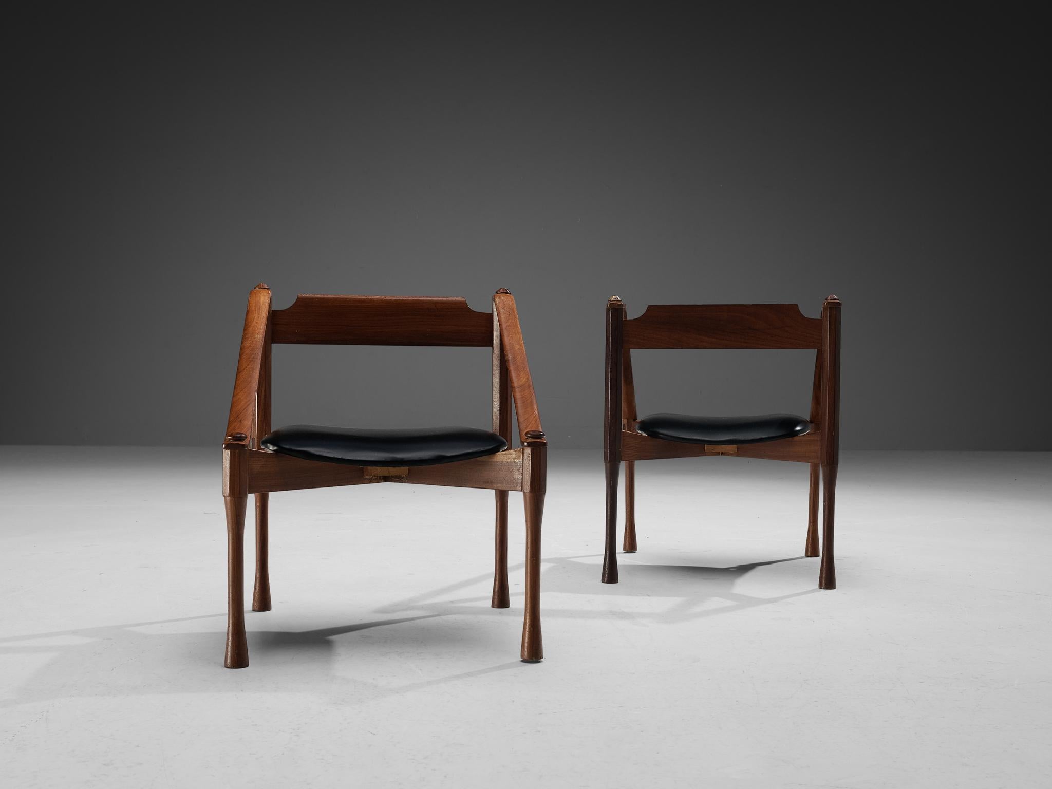 Italian Giulio Moscatelli Pair of Armchairs in Walnut and Black Upholstery