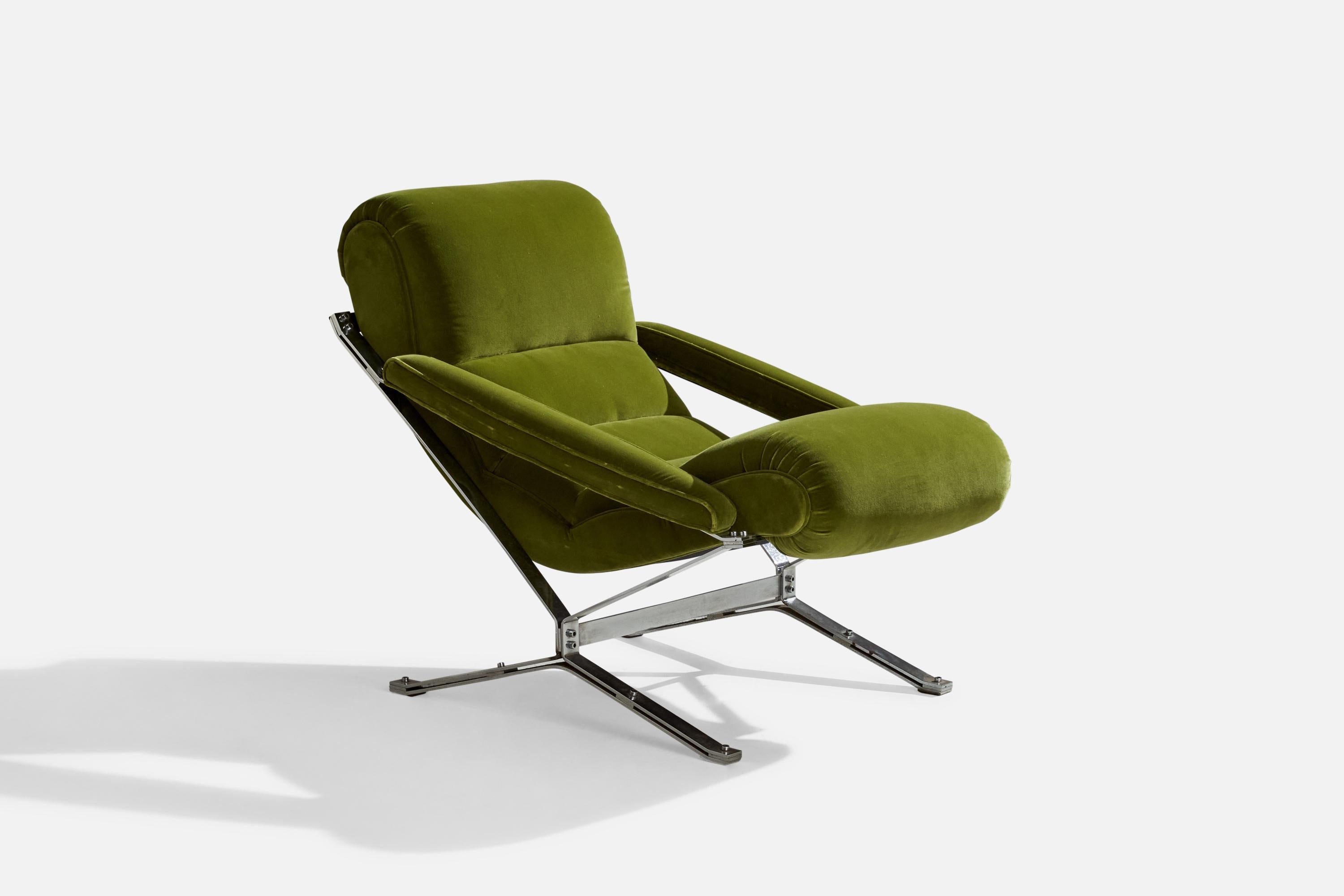 A metal and green velvet rocking chair designed and produced by Giulio Moscatelli, Italy, c. 1960s.

seat height 21”.
