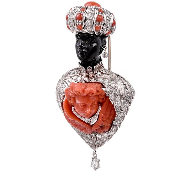 Giulio Nardi Antique Coral Blackamoor Diamond 18 KaratGold Lapel